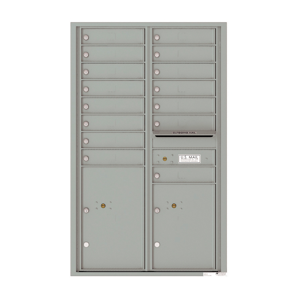 Recessed 4C Horizontal Mailbox – 15 Doors 2 Parcel Lockers – Front Loading – 4C14D-15 – USPS Approved Product Image