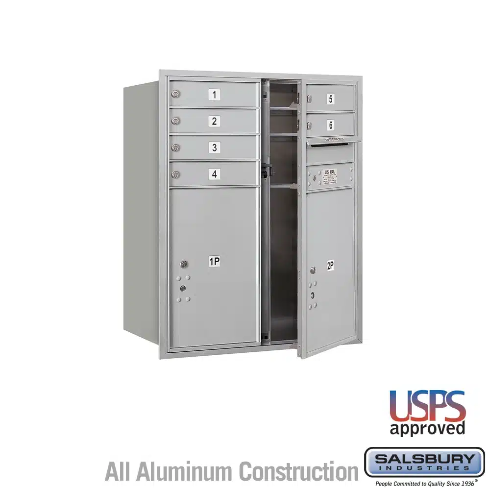Salsbury 10 Door High Recessed Mounted 4C Horizontal Mailbox with 6 Doors and 2 Parcel Lockers in Aluminum with USPS Access – Front Loading Product Image